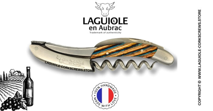 laguiole wine opener with brown tricolor marquetry handle