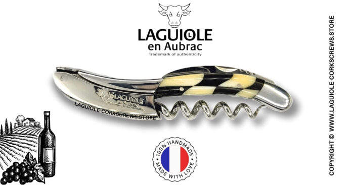 laguiole wine opener with checkerboard inlay bone and ebony wood handle