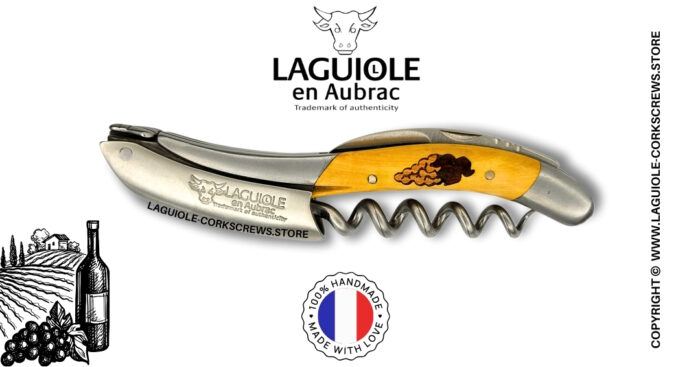 laguiole wine opener with grapes marquetry insert on boxwood