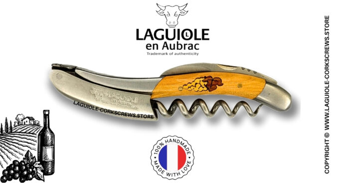 laguiole wine opener with grapes marquetry insert on juniper wood