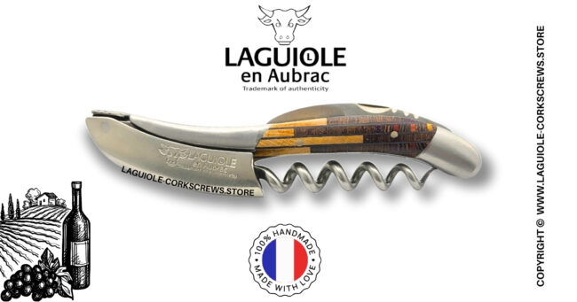 laguiole wine opener with puzzle marquetry brown two tone handle