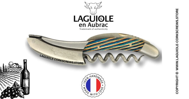laguiole wine opener with turquoise tricolor marquetry handle
