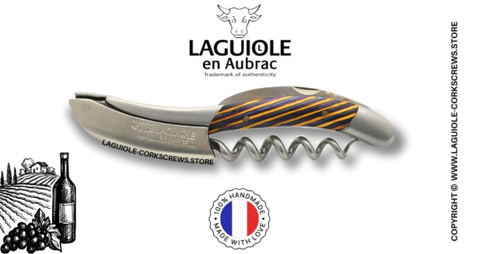 laguiole wine opener with yellow tricolor marquetry handle