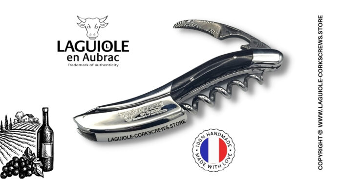 prestige laguiole wine opener with damascus blade and buffalo horn handle