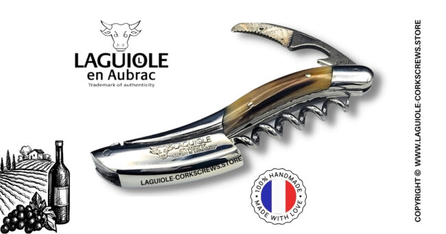 prestige laguiole wine opener with damascus blade and horn tip handle