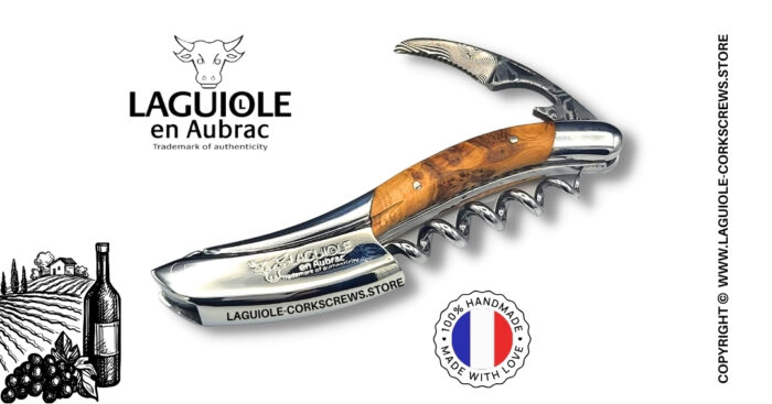 prestige laguiole wine opener with damascus blade and juniper wood handle