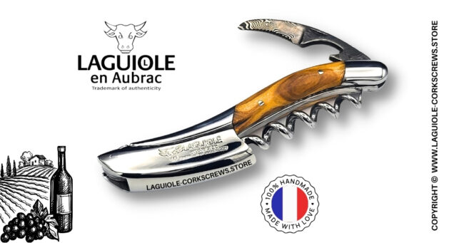 prestige laguiole wine opener with damascus blade and olivewood handle
