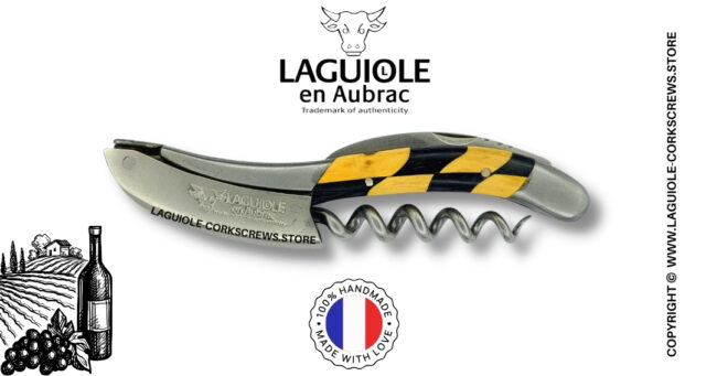 laguiole wine opener with checkerboard inlay boxwood and ebony wood handle