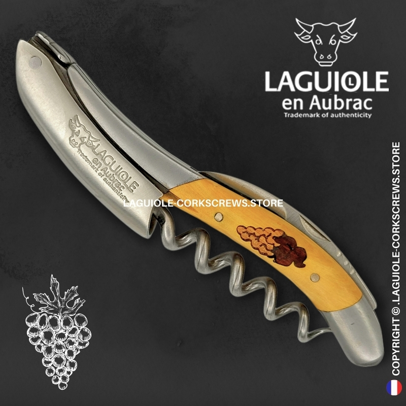 laguiole sommelier knife with grapes marquetry insert on boxwood