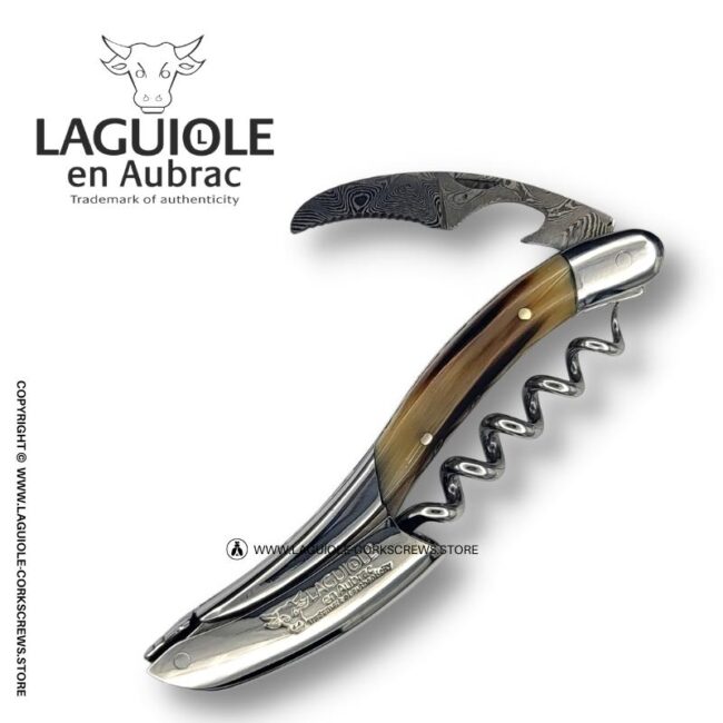 prestige laguiole corkscrew: damascus blade & horn tip