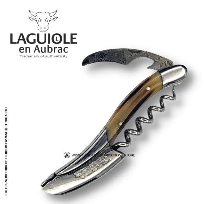 prestige laguiole corkscrew: damascus blade & horn tip