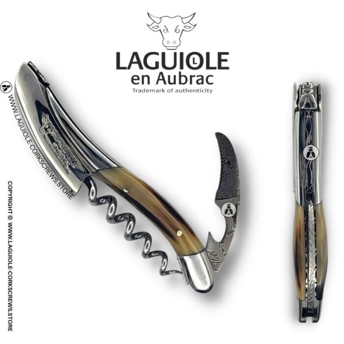 prestige laguiole corkscrew: damascus blade & horn tip