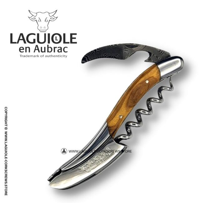 prestige laguiole corkscrew: damascus blade & olive wood