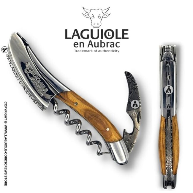 prestige laguiole corkscrew: damascus blade & olive wood