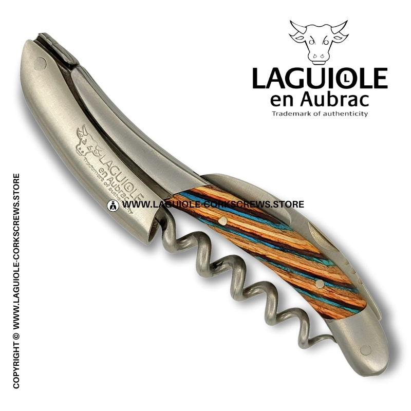 original laguiole corkscrew with brown tricolor marquetry handle