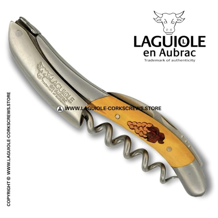 laguiole corkscrew with grapes marquetry insert on boxwood