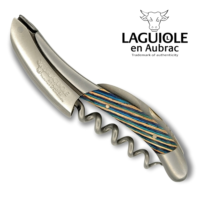 laguiole corkscrew with turquoise tricolor marquetry handle