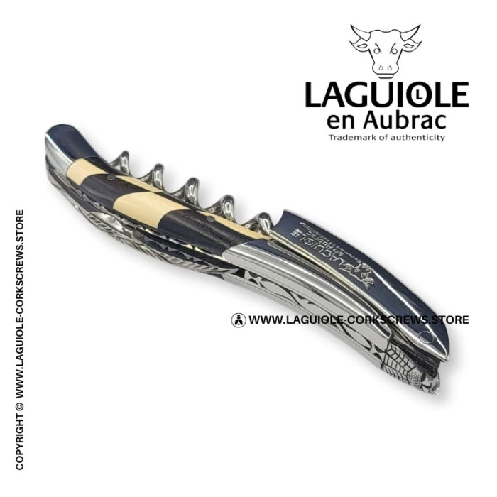 laguiole corkscrew prestige bee checkerboard inlay ebony/mammoth ivory
