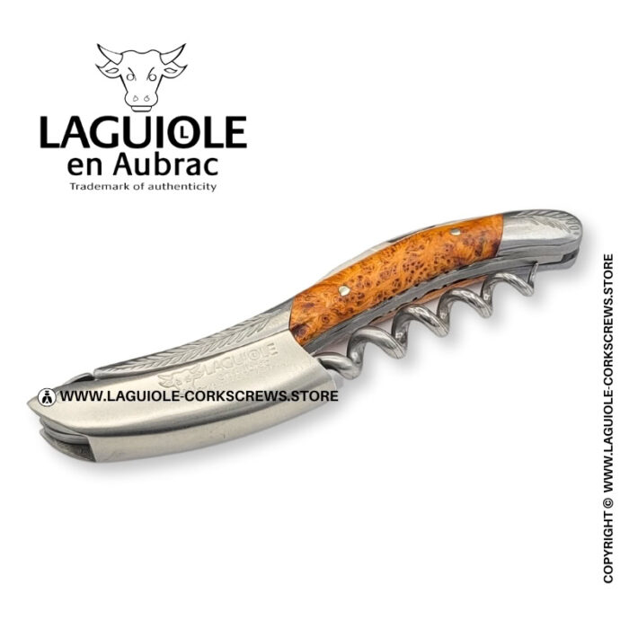 laguiole corkscrew with sculpted bolsters and chiseled plates juniper wood