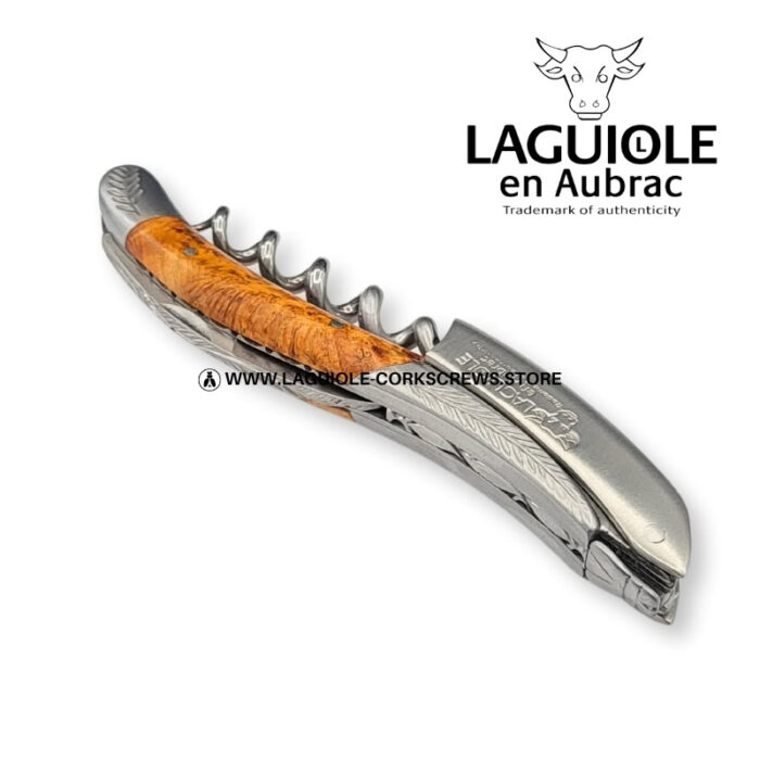 laguiole corkscrew with sculpted bolsters and chiseled plates juniper wood