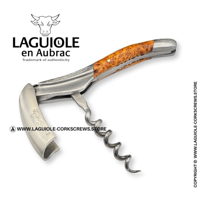 laguiole corkscrew with sculpted bolsters and chiseled plates juniper wood