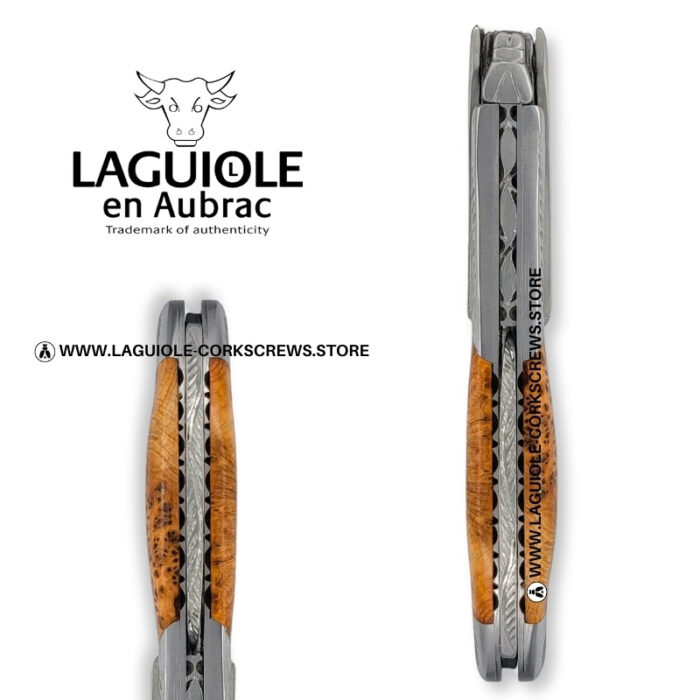 laguiole corkscrew with sculpted bolsters and chiseled plates juniper wood