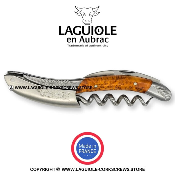laguiole corkscrew with sculpted bolsters and chiseled plates juniper wood