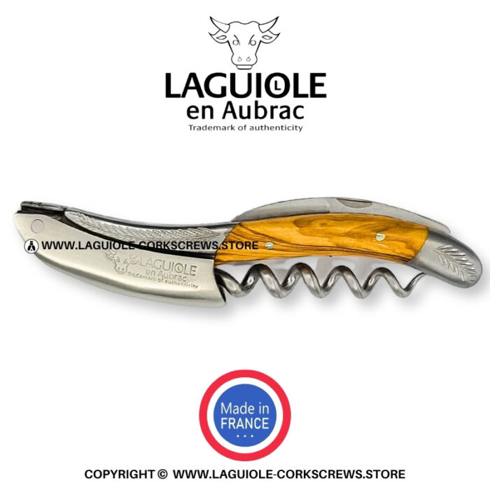 laguiole corkscrew with sculpted bolsters and chiseled plates olivewood