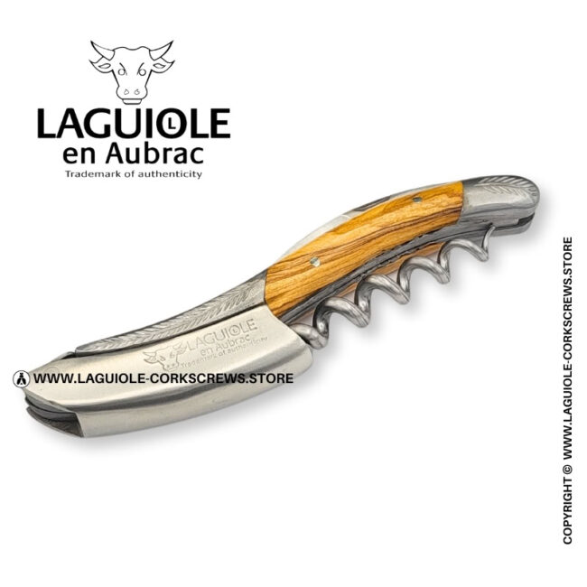 laguiole corkscrew with sculpted bolsters and chiseled plates olivewood