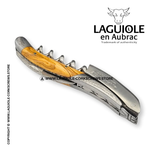 laguiole corkscrew with sculpted bolsters and chiseled plates olivewood