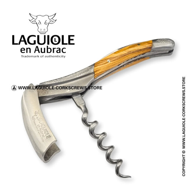 laguiole corkscrew with sculpted bolsters and chiseled plates olivewood