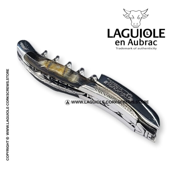 laguiole corkscrew with sculpted bolsters and chiseled plates ram horn