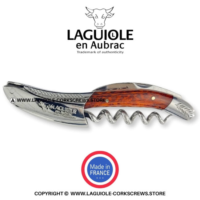 laguiole corkscrew with sculpted bolsters and chiseled plates snakewood