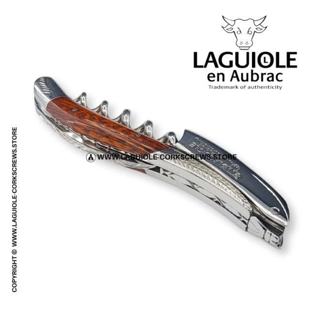 laguiole corkscrew with sculpted bolsters and chiseled plates snakewood