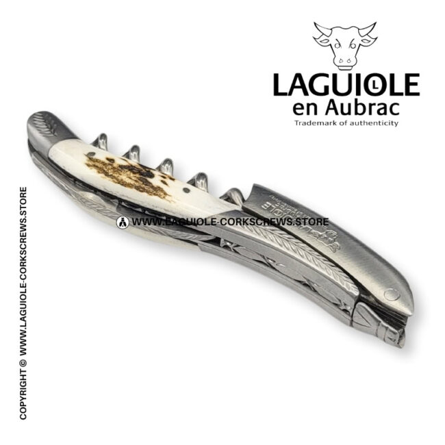 laguiole corkscrew with sculpted bolsters and chiseled plates stag horn
