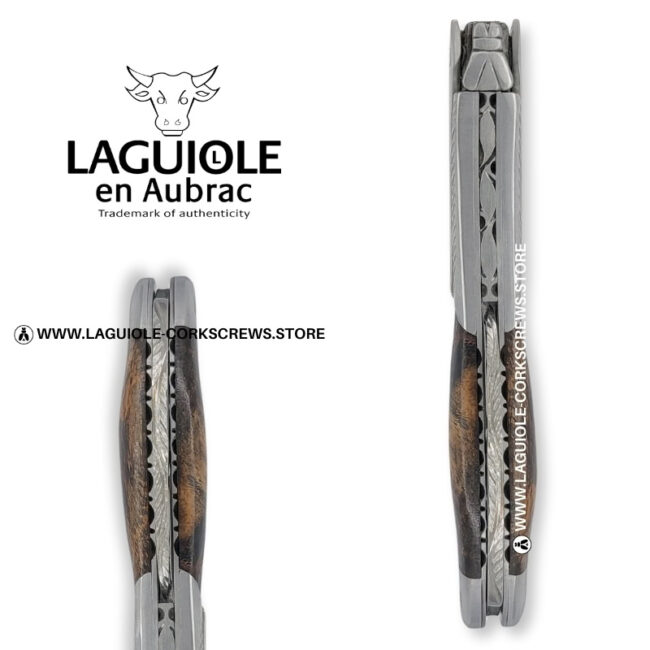 laguiole corkscrew with sculpted bolsters and chiseled plates vine stock wood
