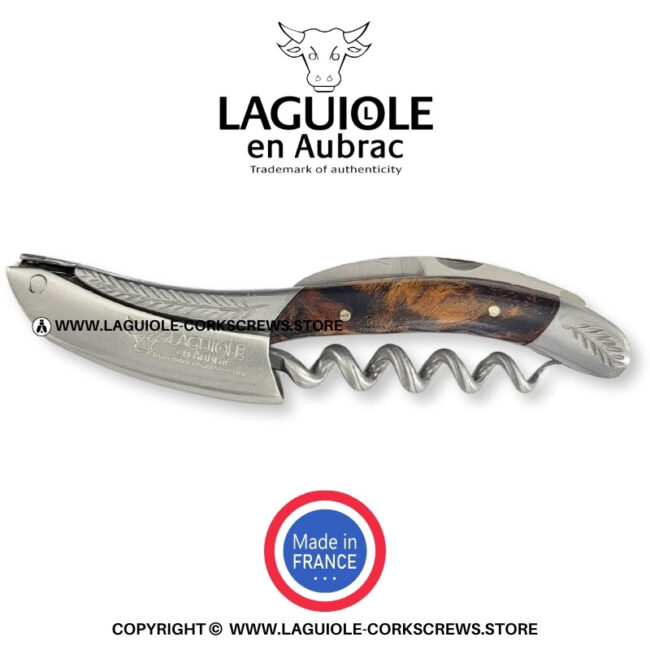 laguiole corkscrew with sculpted bolsters and chiseled plates vine stock wood