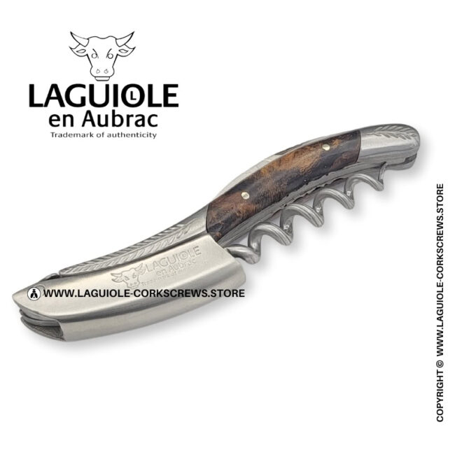 laguiole corkscrew with sculpted bolsters and chiseled plates vine stock wood