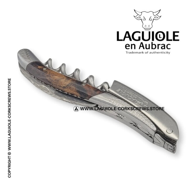 laguiole corkscrew with sculpted bolsters and chiseled plates vine stock wood