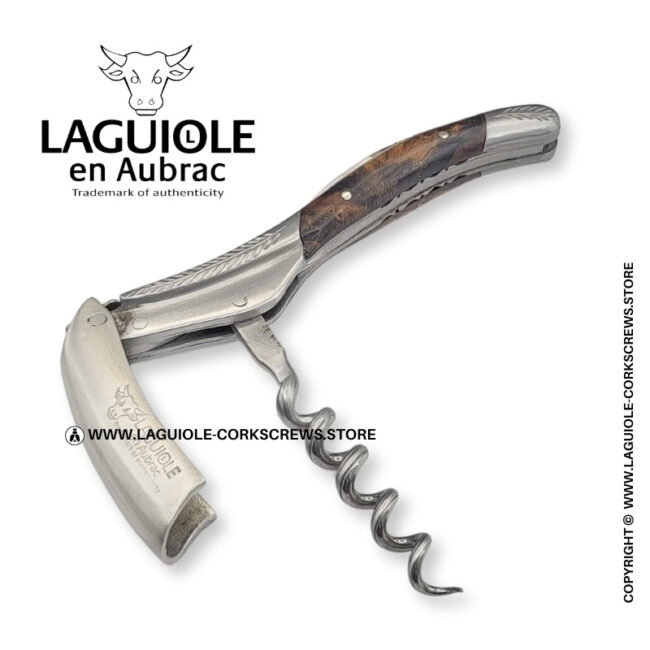laguiole corkscrew with sculpted bolsters and chiseled plates vine stock wood