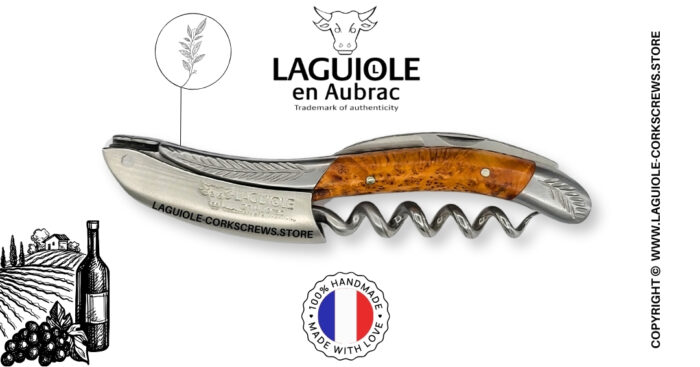 laguiole wine opener with sculpted bolsters and chiseled plates juniper wood