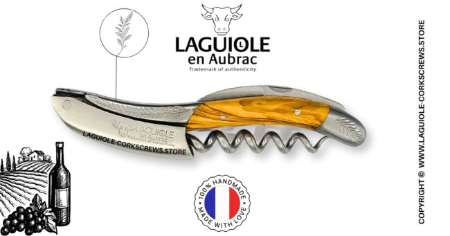 laguiole wine opener with sculpted bolsters and chiseled plates olivewood