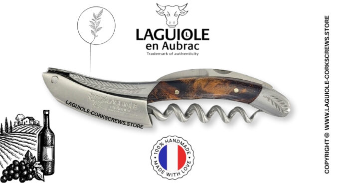 laguiole wine opener with sculpted bolsters and chiseled plates vine stock wood