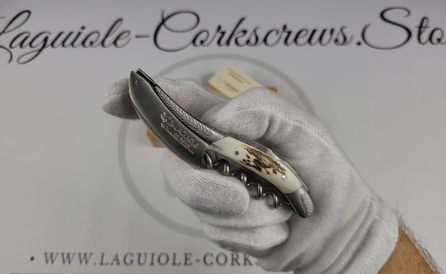 laguiole corkscrew with sculpted bolsters and chiseled plates stag horn